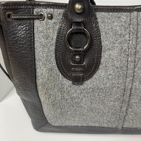 BR Banana Republic Leather Wool Drawstring Satchel Tote Gray Brown Academia 90s - Picture 6 of 14